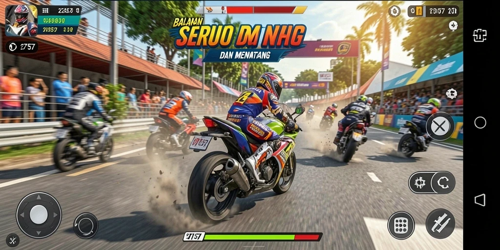Screenshot gameplay 2757 menampilkan aksi balapan motor yang mendebarkan.