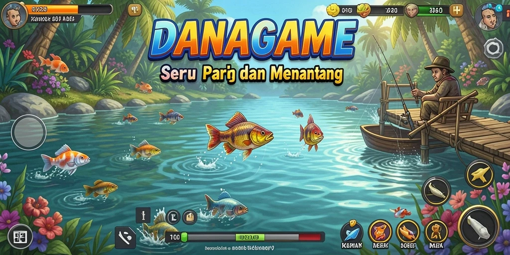 Tampilan gameplay DANAGAME dengan berbagai lokasi memancing.