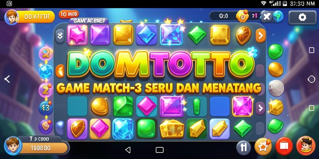 Screenshot gameplay DOMTOTO menampilkan level Match-3 yang menarik dan penuh warna.