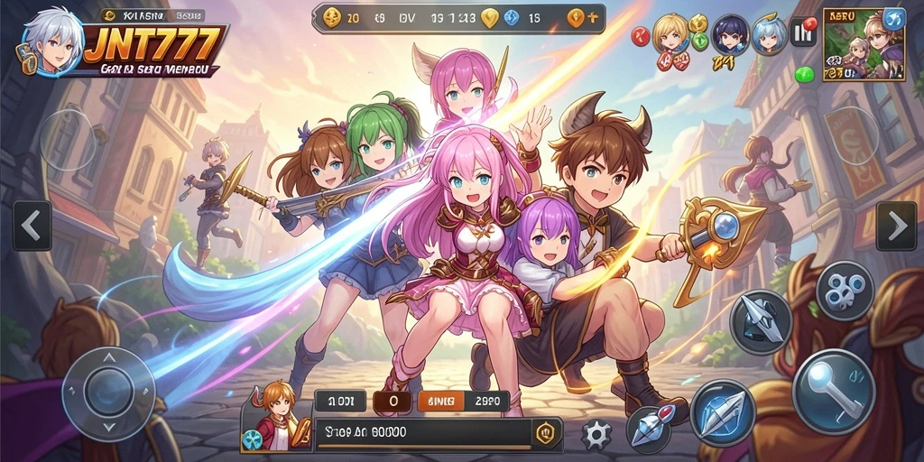 Tampilan gameplay JNT777 menampilkan pertarungan karakter Anime yang menegangkan.