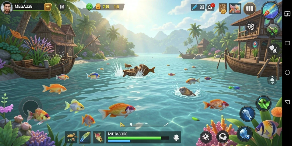 Tampilan gameplay MEGA338 saat menangkap ikan di lautan.