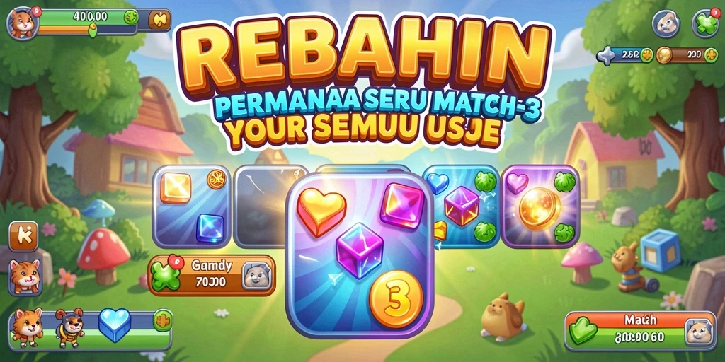 Screenshot menunjukkan gameplay menarik dalam REBAHIN dengan level match-3.